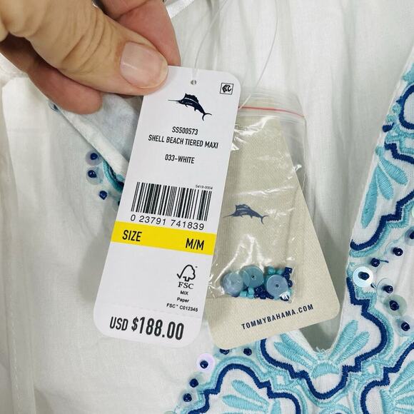 Tommy Bahama Shell Beach Tiered Maxi Dress Size M White Gauze Pockets Boho NEW - Picture 4 of 11